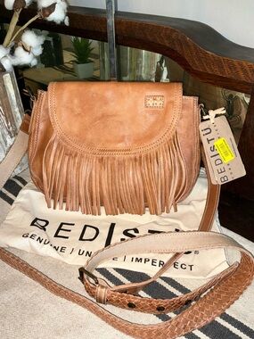 NWT Bed Stu Leather Eastend Fringe Crossbody Bag Tan Dip Dyed Retail $165